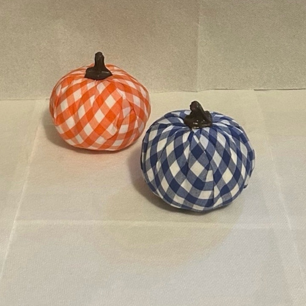 Set of 2 Checkered Orange & Blue Fabric Lightweight Pumpkins